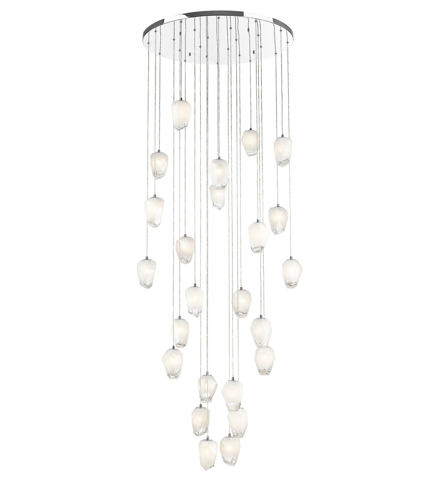 24-Light Chrome Chandelier With White Glass Pendants